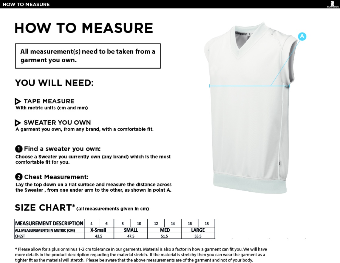 South Shields CC - Blast Sleeveless Women's Cricket Sweater - Size Guide