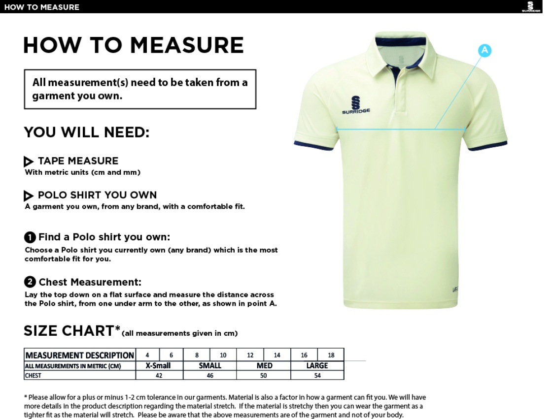 South Shields CC Dual Cricket Shirt Short Sleeve Womens - Size Guide