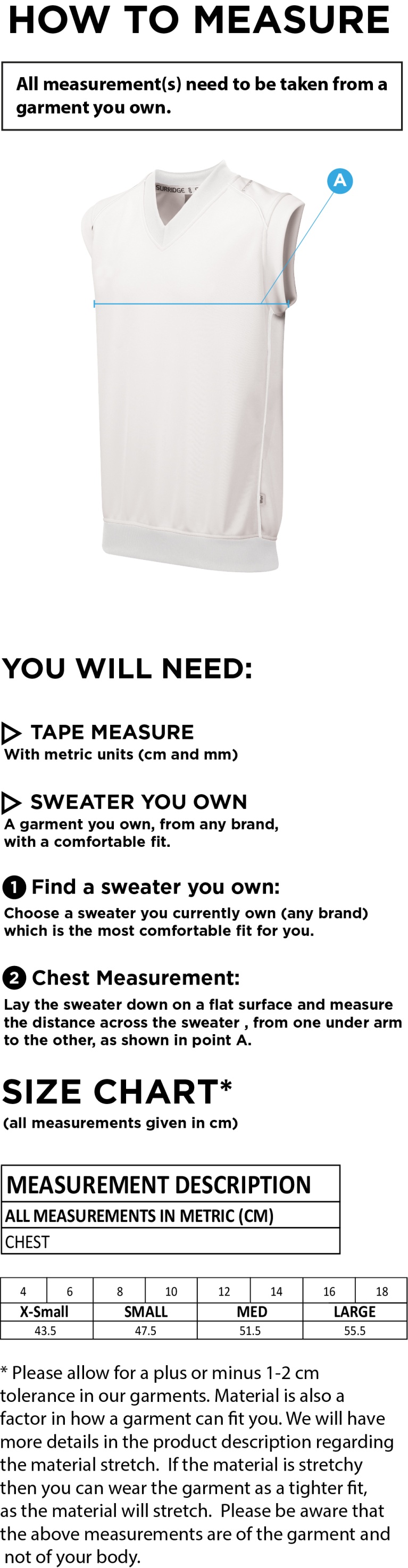 South Shields CC - Blast Sleeveless Women's Cricket Sweater - Size Guide