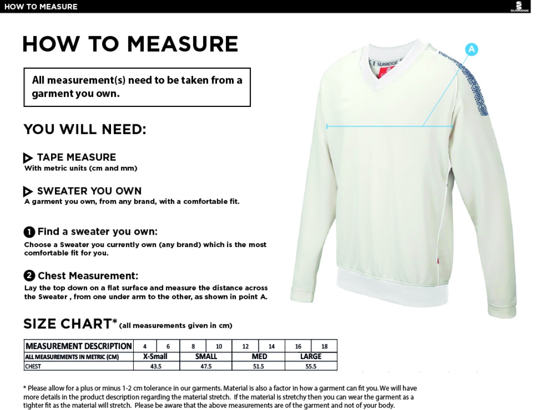 South Shields CC - Blast Long Sleeve Women's Cricket Sweater - Size Guide