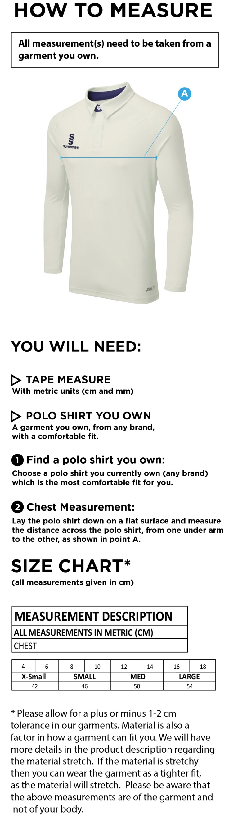 South Shields CC DUAL LONG SLEEVE CRICKET SHIRT (WOMENS)-Ivory - Size Guide