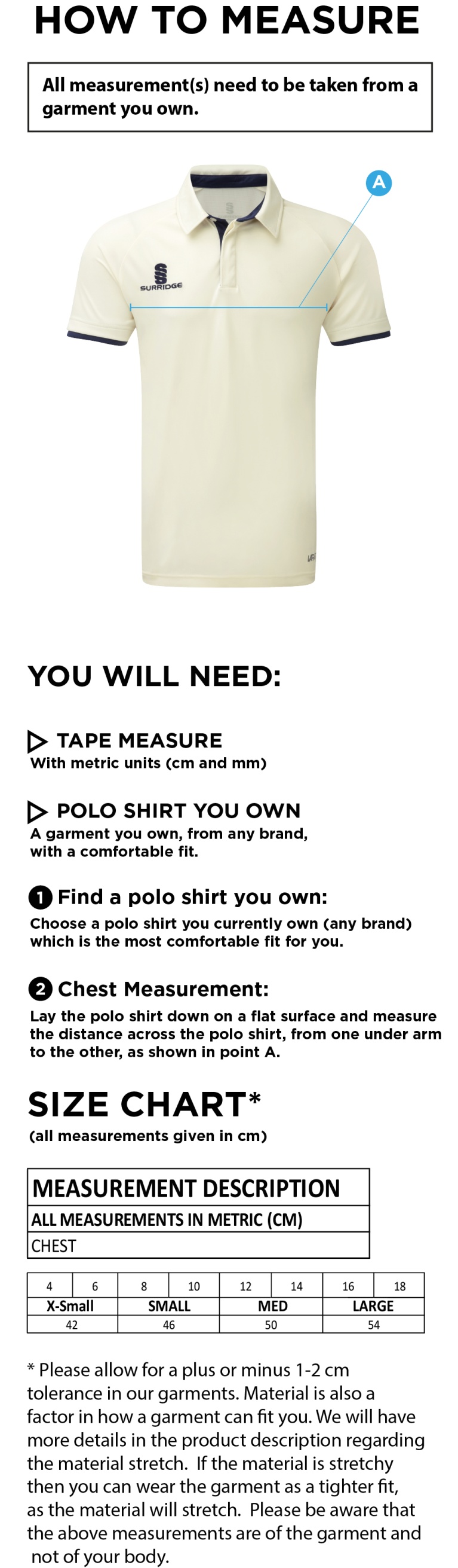 South Shields CC Dual Cricket Shirt Short Sleeve Womens - Size Guide